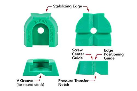 Matchfit Dovetail Clamps DVC 538K2 With X Pad Set showing stabilizing edge, screw center guide, and edge positioning guide.