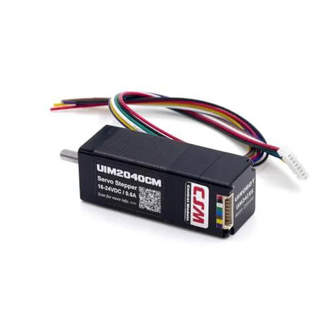 Front view of NEMA 11 integrated servo stepper motor with built-in encoder; black housing, exposed shaft, multi-colored wires.