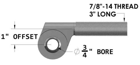 Heavy Duty Left Hand Offset Heim Joint Rod End With 3/4 Bore And 7/8-14 Threads, 1 inch offset, 3 inches long, side view.