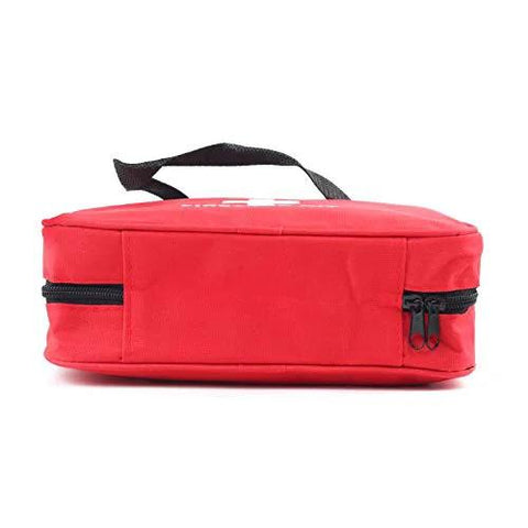 Side view of red PAXLAMB first aid bag, empty medical kit pouch with black zippers and top handle