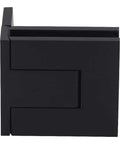 Palermo Matte Black Adjustable Wall Mount Offset Back Plate Hinge for Glass Doors fits three eighths inch and one half inch glass, side view.