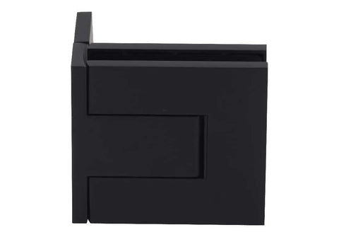 Palermo Matte Black Adjustable Wall Mount Offset Back Plate Hinge for Glass Doors fits three eighths inch and one half inch glass, side view.