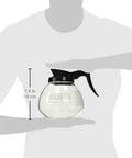 Person holding shatter-resistant glass carafe from Coffee Pot Decanter Carafe Set With 12 Cup Capacity, Three Pieces Including Two Black Regular And One Orange Decaf, Shatter Resistant Laboratory Grade Glass, Durable Easy Pour For Home Kitchen And Office Coffee Bar.