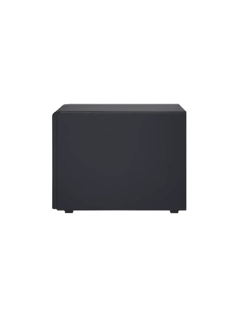 Plug And Play 4 Bay USB C Direct Attached Storage Box Featuring Hardware RAID For 3.5 Inch SATA Drives side view in sleek black finish.