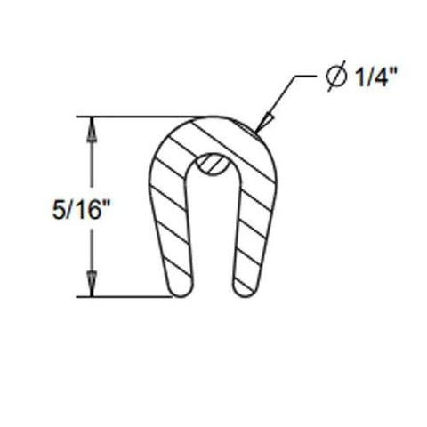 Rubber U-channel edge guard cross-section; 5/16" tall with 1/4" diameter hole