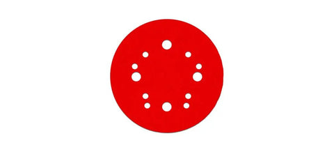 Red 5-inch Hook And Lock ROS Sanding Disc with 8 holes, 80 Grit Coarse Ceramic Blend, ideal for wood, metal, and plastics.