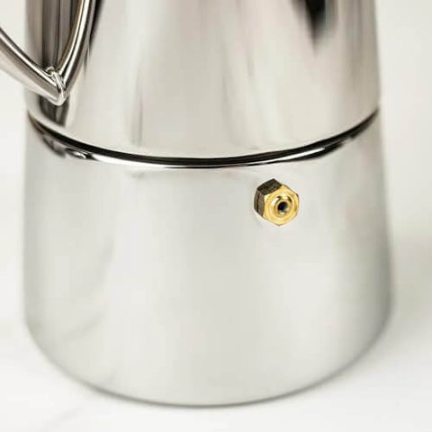 Close-up of Stainless Steel Stovetop Espresso Maker For 6 Cups Easy To Clean Moka Pot With Heat Resistant Non Reactive Design