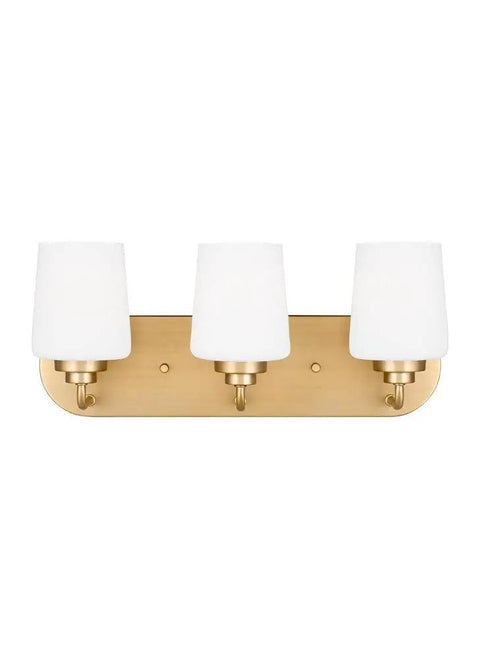 Windom Three Light Bath Vanity Sporting A Killer Satin Brass Finish With Etched White Glass against white background