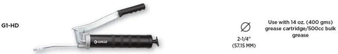 Heavy Duty Lever Grease Gun For Auto And Industrial Jobs With 10000 PSI, 14 Ounce Capacity, Variable Stroke, 6 Inch Steel Extension And Coupler Delivers Up To 1 Gram Per Stroke, shown with 14 oz cartridge compatibility and ergonomic handle.