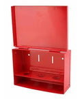 Heavy Duty Fire Sprinkler Spare Head Storage Box Wall Mounted NFPA Compliant 3 Head Cabinet with open lid and three holder slots.