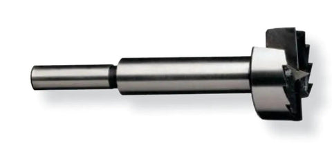 Top Shelf Boss Grade 16 Piece Forstner Bit Set With 3/8 Shank Drills Spot On Holes In Wood High Speed Steel Heavy Duty Drill Press Kit For Fine Woodworking Hardwood Project Slick Operation, close-up view of Forstner bit.