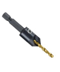 Countersink drill bit with titanium coating and hexagonal shank; close-up view.