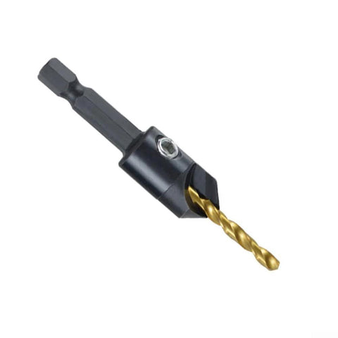 Countersink drill bit with titanium coating and hexagonal shank; close-up view.