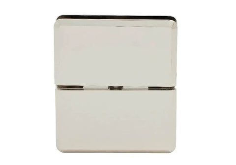 Front view of Senior Prima 02 Series Polished Nickel Top Notch Glass To Glass Mount Hinge for one half inch monolithic tempered glass