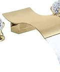 8 Inch Widespread Waterfall Bathroom Sink Faucet With Crystal Knob, Deck Mount Basin Mixer Tap in Brushed Gold, 3 Hole