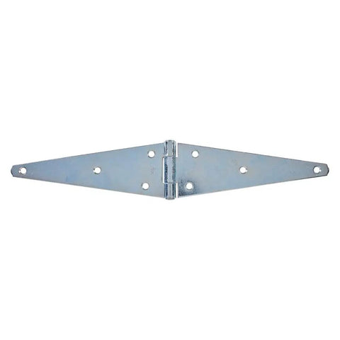 Heavy Duty 10 Inch Zinc Plated Steel Strap Hinges For Outdoor Fences And Gate Hardware With Offset Mounting Screws, close-up view.
