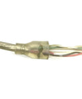 Closeup of Premium Signal Extension Cable Male To Male Right Angle two meter audio cord, showing durable connector and wiring.