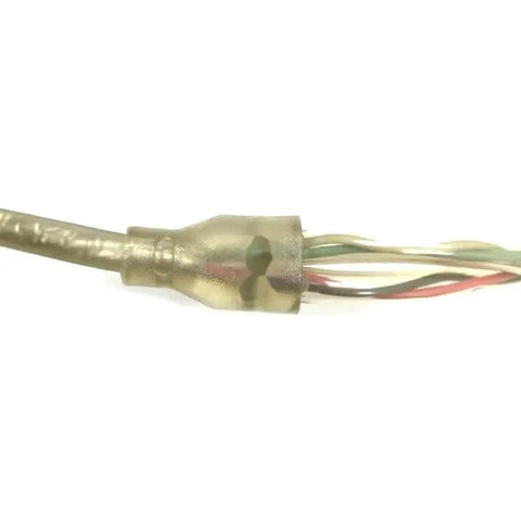 Closeup of Premium Signal Extension Cable Male To Male Right Angle two meter audio cord, showing durable connector and wiring.
