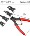 4 In 1 Snap Ring Pliers Set With 3 Interchangeable Jaw Heads Pro Grade And Heavy Duty Angled 45 Degree 90 Degree And 180 Degree For Auto And Engine Repair Red shown with dimensions and weight.