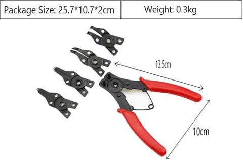 4 In 1 Snap Ring Pliers Set With 3 Interchangeable Jaw Heads Pro Grade And Heavy Duty Angled 45 Degree 90 Degree And 180 Degree For Auto And Engine Repair Red shown with dimensions and weight.