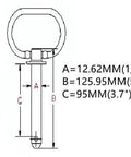 Diagram of Red Handle Detent Pin For Towing Hitch And Safety Coupler Hi Visibility Locking Pin With Stainless Steel Ball Locking Mechanism Zinc Plated 1144 Steel Easy To Insert And Remove Half Inch By Three Point Seven Inch Pin with dimensions labeled.