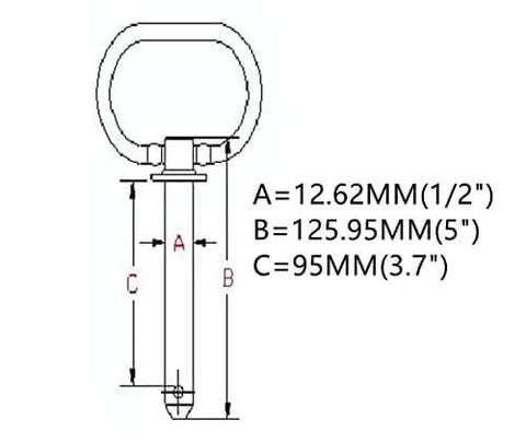 Diagram of Red Handle Detent Pin For Towing Hitch And Safety Coupler Hi Visibility Locking Pin With Stainless Steel Ball Locking Mechanism Zinc Plated 1144 Steel Easy To Insert And Remove Half Inch By Three Point Seven Inch Pin with dimensions labeled.