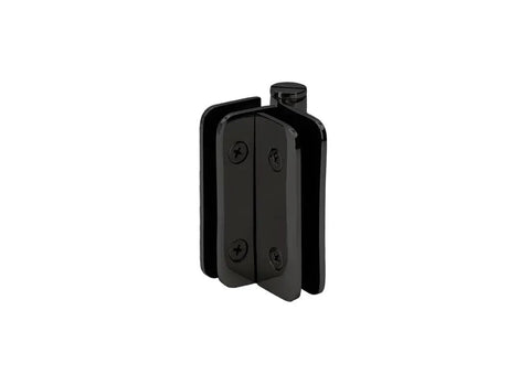 Zephyr 180 Degree Glass-To-Glass Overlap Outswing Hinge in matte black finish for frameless shower doors and glass entryways.