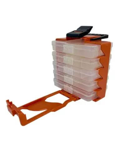 On The Go 8 Inch Portable Parts Organizer with 5 Removable Compartments, rugged industrial build, high visibility color, side view