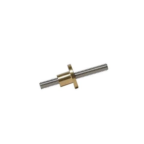 Top Shelf T10 Lead Screw With 304 Stainless Steel And Solid Brass Nut For 3D Printers And Cnc Routers showing a brass nut and steel rod.