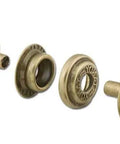Top Shelf Antique Brass Snap Fasteners Line 24 Size Built Tough And Ready To Roll For Leather Crafting Or Bag Making Fits Like A Dream Comes As A Straight 10 Pack Of Solid Hardware, showing three views of solid brass snaps.