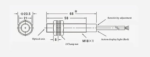 Diagram of Diffuse Photoelectric Switch Sensor E3F-DS30C4 M18 NPN NO 3 Wire Proximity with measurements and features labeled