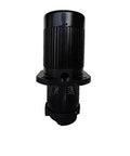 Immersion coolant pump for machine tools, black cylindrical motor with mounting flange and perforated lower housing.