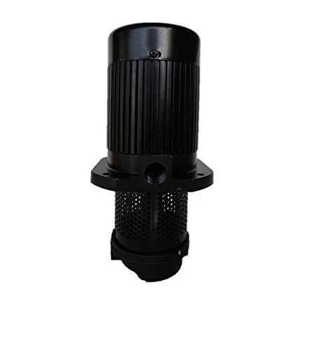 Immersion coolant pump for machine tools, black cylindrical motor with mounting flange and perforated lower housing.