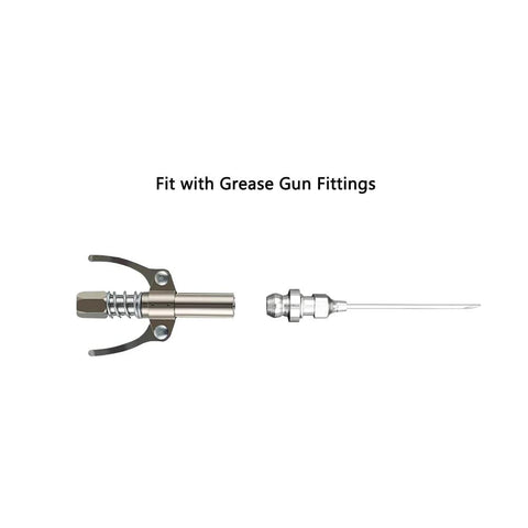Grease Gun Needle Tip Kit Six Piece Set With Five Needle Nozzles And One Grease Needle Dispenser for tight spaces shown on white background.