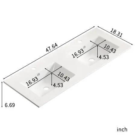 HAOCHRYSYPH Double Bowl Ceramic Sink, Milk White, 47.64 x 18.12 x 6.7 in, showing dual bowl structure and dimensions.