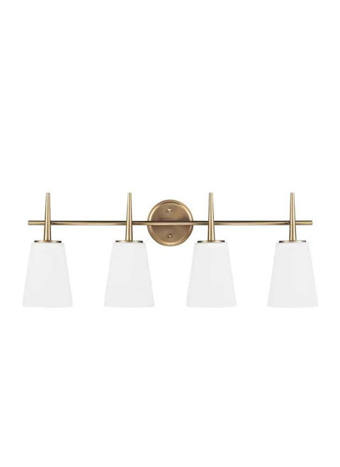 Driscoll Four Light Vanity Wall Light with cased opal etched glass shades and satin bronze finish for bathrooms and powder rooms