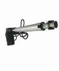 Badass 24V DC Linear Actuator With Heavy Duty Mounting Bracket And Plug N Play Controller Nine Point Eight Inch Stroke Telescopic Rod 1320 Lbs Push Force Ip54 Weatherproof Shield; side view with motor and telescoping rod.