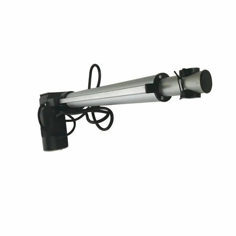 Badass 24V DC Linear Actuator With Heavy Duty Mounting Bracket And Plug N Play Controller Nine Point Eight Inch Stroke Telescopic Rod 1320 Lbs Push Force Ip54 Weatherproof Shield; side view with motor and telescoping rod.