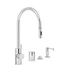 Slick Contemporary Pulldown Kitchen Faucet With Legit Four Piece Hardware Suite Finished In Distressed American Bronze for modern kitchens.