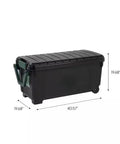 Massive 169 Quart Big Ass Rolling Storage Tote Container With Rugged Heavy Duty Buckle Lid For Outdoor Camping Adventures Yard Cleanup And Home Organizing Black side view with dimensions