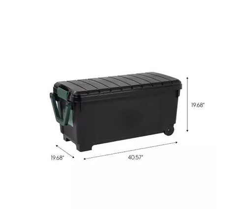 Massive 169 Quart Big Ass Rolling Storage Tote Container With Rugged Heavy Duty Buckle Lid For Outdoor Camping Adventures Yard Cleanup And Home Organizing Black side view with dimensions