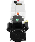 Front view of white 6-quart plastic-reservoir hydraulic power unit for car lifts, with black pump and control lever.