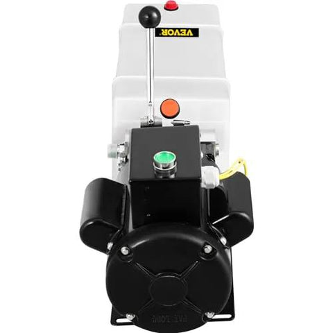Front view of white 6-quart plastic-reservoir hydraulic power unit for car lifts, with black pump and control lever.