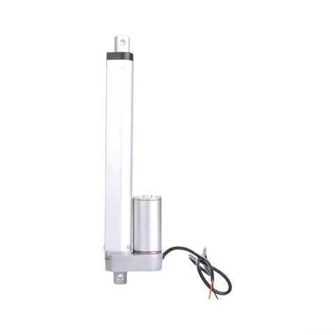 Built Tough 12V DC Electric Linear Actuator With Eight Inch Stroke And Three Hundred Newton Load Racing At One Point Two Inches Per Second, side view. 12V, aluminum.