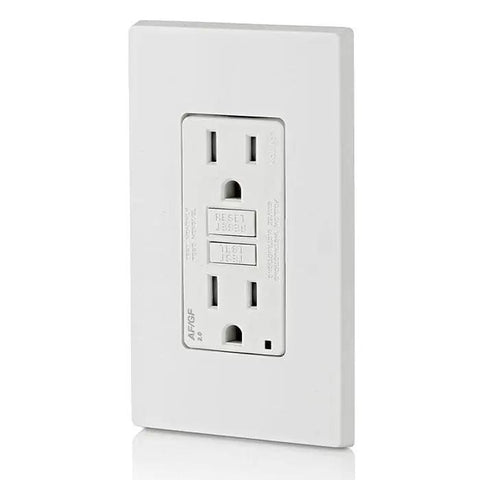 Nailed It 15 Amp Dual Function AFCI GFCI Outlet with Reset Button; white wall plate for electrical safety and fire hazard protection.