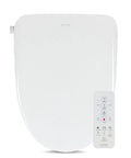 Top Shelf Elongated Bidet Toilet Seat In Crisp White With An Ultra Low Profile Setup And Endless Warm Water Paired With Self Cleaning Stainless Steel Nozzles Plus Built In Dryer And Auto Deodorizer For A Fresh Smooth Upgrade, displayed with remote.