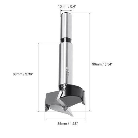 Side view of a 35mm tungsten-carbide woodworking hole-opener drill bit for wood and plastic; single piece, Amazon.