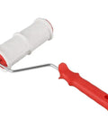Pro Grade Texture Paint Roller Delivers Killer Brick and Rustic Stone Looks on Interior Walls Patio Walkways and DIY Renovations Effortless Glide with Zero Sweat Red, featuring a red handle and white microfiber cover.