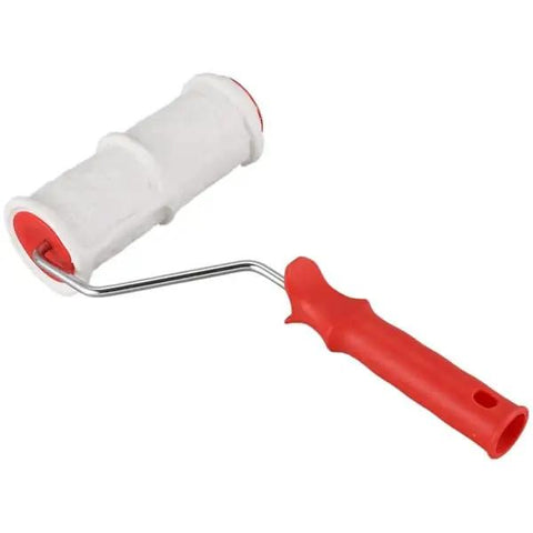 Pro Grade Texture Paint Roller Delivers Killer Brick and Rustic Stone Looks on Interior Walls Patio Walkways and DIY Renovations Effortless Glide with Zero Sweat Red, featuring a red handle and white microfiber cover.