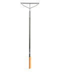 60 Inch Pro Garden Rake With Lightweight Aluminum Handle for soil, a heavy-duty gardening tool with welded head and hardened tines.